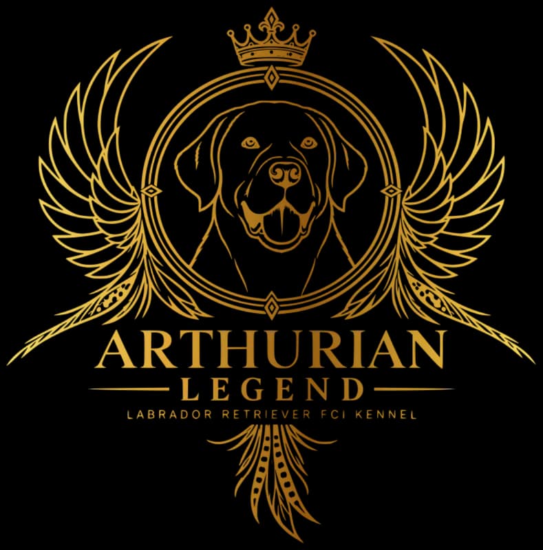 Logo chovateľskej stanice Arthurian Legend – Arthur v kruhu s korunou a bažantími krídlami